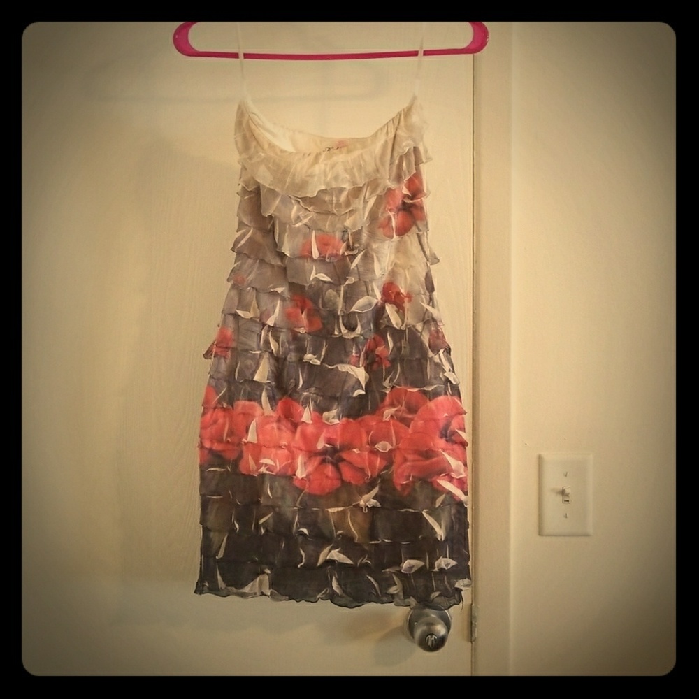 Party dress, beautiful red floral pattern.